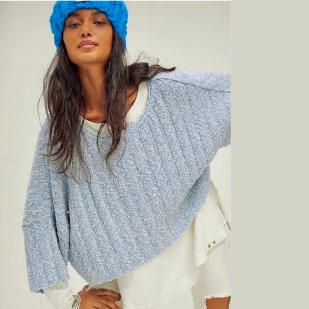 Free People Good Day Cropped Pullover Sweater Blue White Marled Knit S